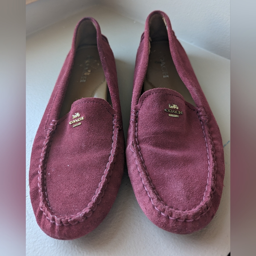 Coach size 8.5 women's loafers- suede cranberry red with gold detailing